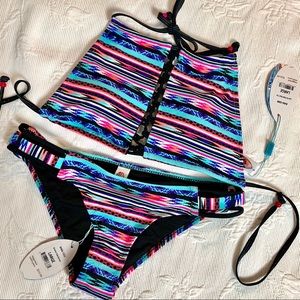Bingo Surf Mayan Print High Neck Lace Up Bikini